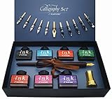 IDEAPOOL Kalligraphie Set, Stift Set Schreibfeder Set 22-teilig – Enthält 7 Flaschen Inks, 12 Federn, schreibfeder Holzstift, einen goldenen Stifthalter und Einführung für Anfänger